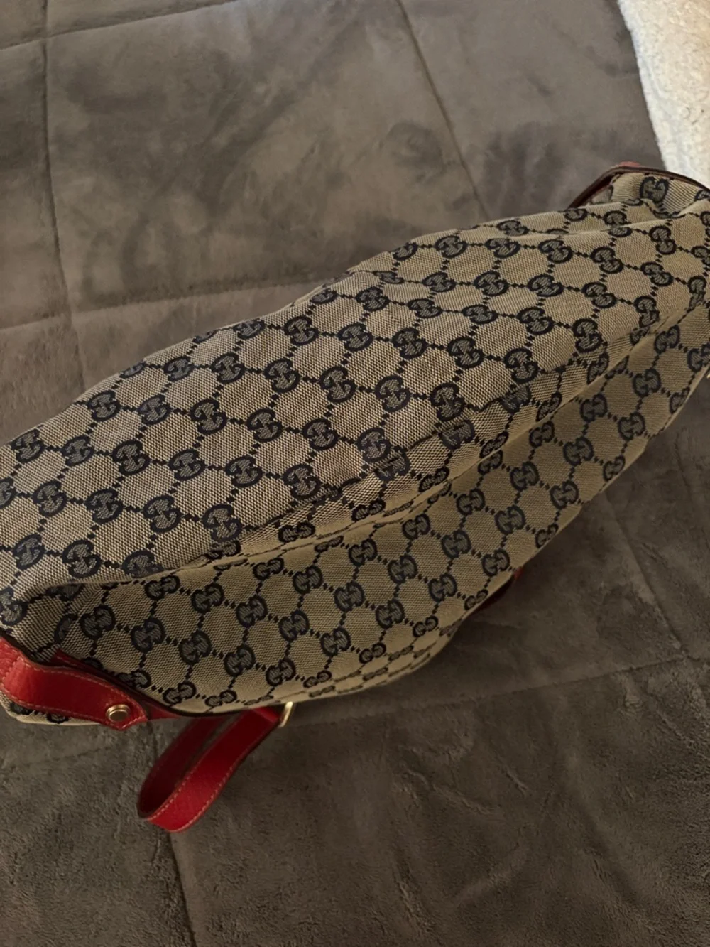 Gucci Beige Monogram Canvas Tote with Red Leather Trim